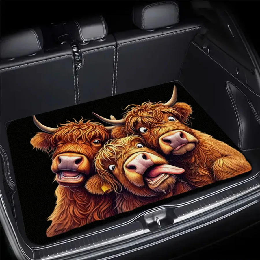 

Universal Car Trunk Mat Funny 3 Highland Cow Print Waterproof Non-Slip Rear Cargo Liner Fit Sedan CUV SUV Auto Decor Carpet