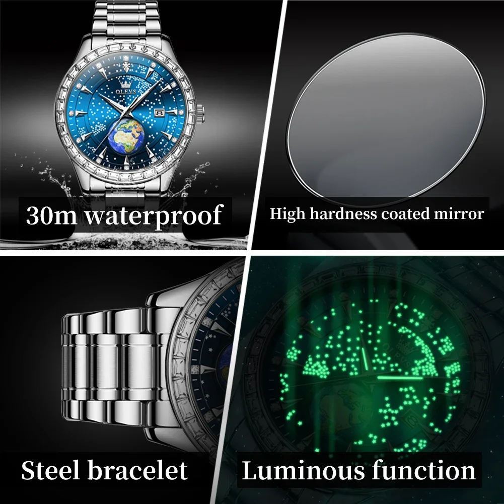 OLEVS Quartz Watch for Men Luxury Starry Sky Globe Dial Calendar Stainless Steel Waterproof HD Luminous Fashion Men\'s Wristwatch