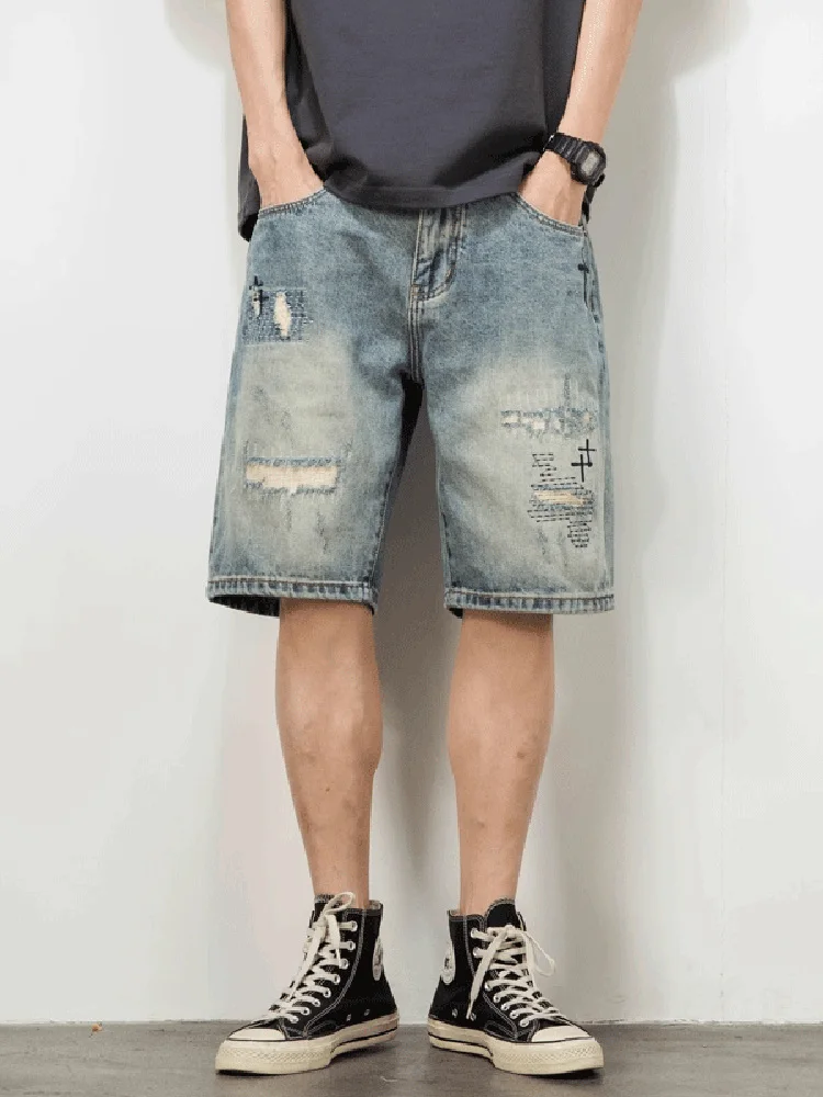 

Trendy Embroidered Loose Fit Jeans orts for Men Summer Thin Straight Leg Casual Wear with Ripped Hole Design mid Waist Five...