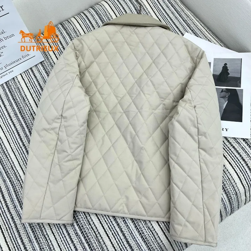 24 New Winter Cotton Coat for Women, Diamond-shaped Quilted Cotton Coat Double-sided Wool Stitching Small Lapel Coat for Women