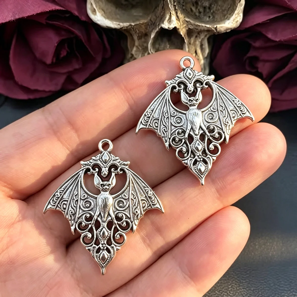5Pcs 40*36mm Gothic Vampire Bat Charm Retro Bat Halloween Pe