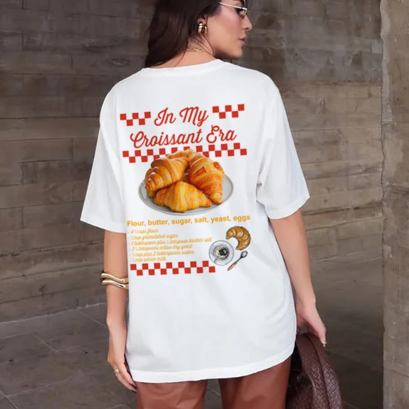 クロワッサン時代バックプリントかわいいベーカリーシャツ美的レトロ朝食 Tシャツ女性ストリートトップ特大 Y2k グラフィック Tシャツ