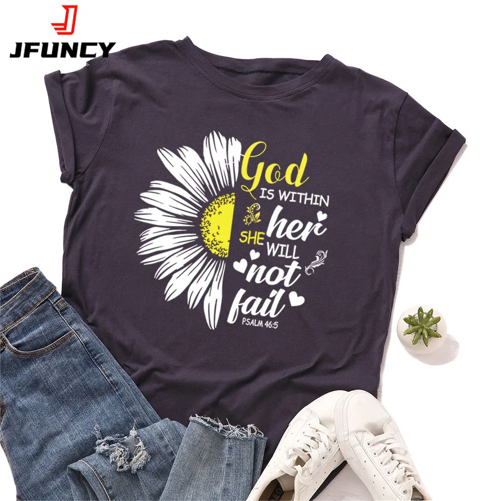 JFUNCY Summer T-shirt Women Cotton T Shirt New Sunflower Printed Tshirt Short Sleeve Loose Woman Tops Female Tee Shirts