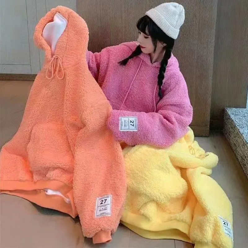 

2024 Autumn Winter Warm Faux Lamb Fur Hoodies Casual Women Fleece Thick Hooded Sweatershirt Candy Color Y2K Cute Pullovers