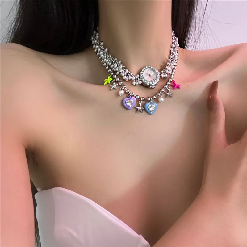 2023 New Vintage Zircon Dial Pearl Necklace Color Love Tassel Pendant Collar Personality Street Shot Female Jewelry Gift