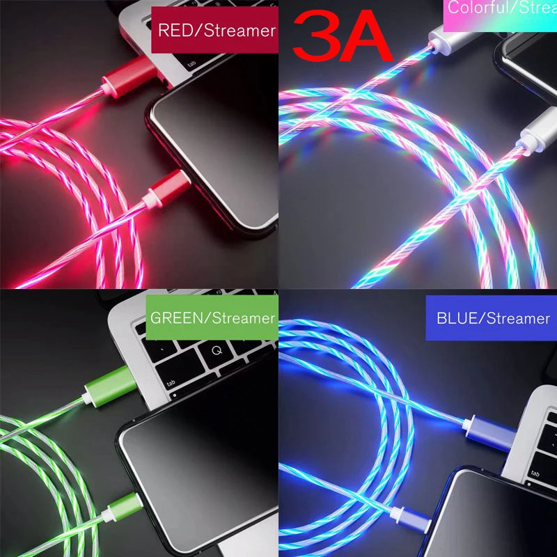 3A LED 빛 빛나는 빠른 충전 데이터 케이블 삼성 화웨이 휴대 전화 빠른 코드에 대 한 USB 유형 C 마이크로 충전기 와이어