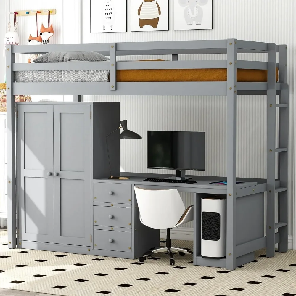 Modern Loft Bed,Multifunctional Solid Wood Loft Bed with Wardrobe, Desk and Storage Drawers Children Beds