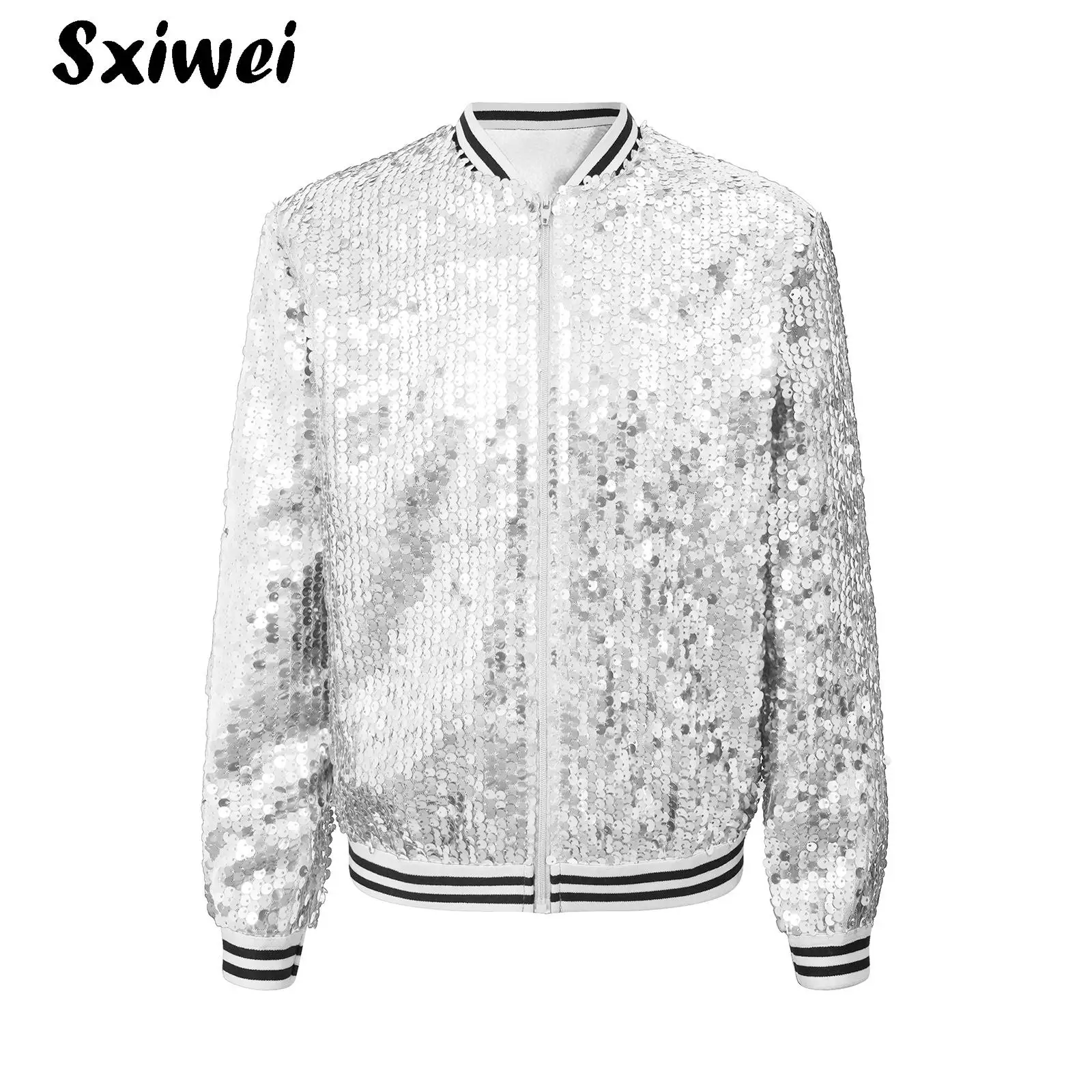 Child Sparkly Sequins Baseball Jackets Kids Girls Long Sleeve Zip Up Outerwear Birthday Party Hip Hop Jazz Dance Bomber Coats