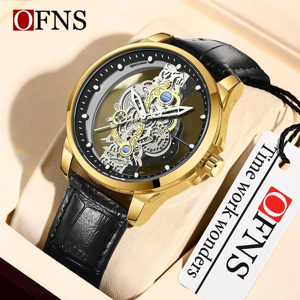 OFNS 7109 ساعة كوارتز رجالية فاخرة موضة الاتجاه شفافة مجوفة مضيئة مقاوم للماء ساعة كوارتز رجالية