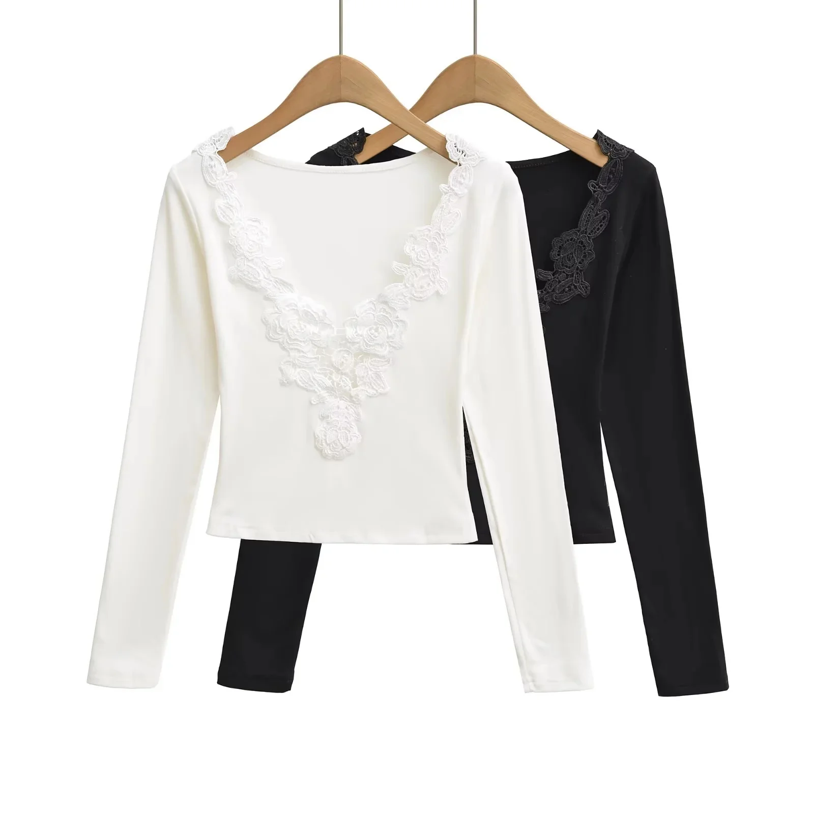 

Ele Lace Splice Long Sve T-irt Women's Autumn Winter Slim Fit Base Layer irt V-Ne Velvet Feel Faion Top