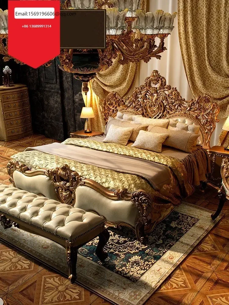 

Italian solid wood double bed French palace luxury princess bed villa leather bed custom made