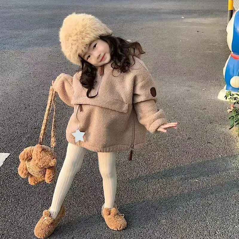 Abbigliamento coreano per bambini per ragazzi e ragazze felpa con cappuccio in Cashmere di agnello per bambini autunno e inverno peluche e Top con