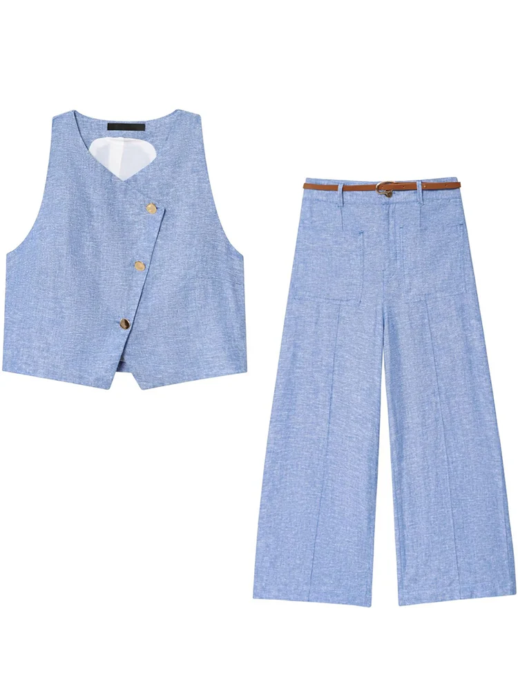 

TFMLN модный женский костюм с жилетом нестандартной формы, новый однотонный топ на пуговицах, широкие брюки с поясом, офисная женская одежда для поездок на работу