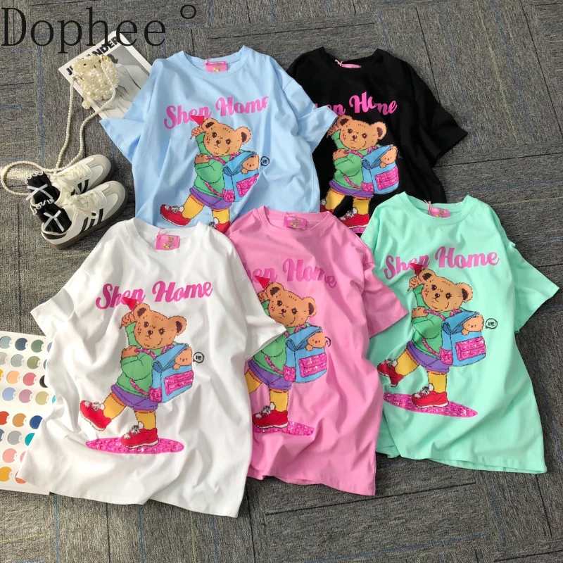 

Age Reduction Spring Summer Short Sleeve T-shirt All-match Women Loose Pullover Top Cute Bear Beads Sequins Casual Cotton Tees