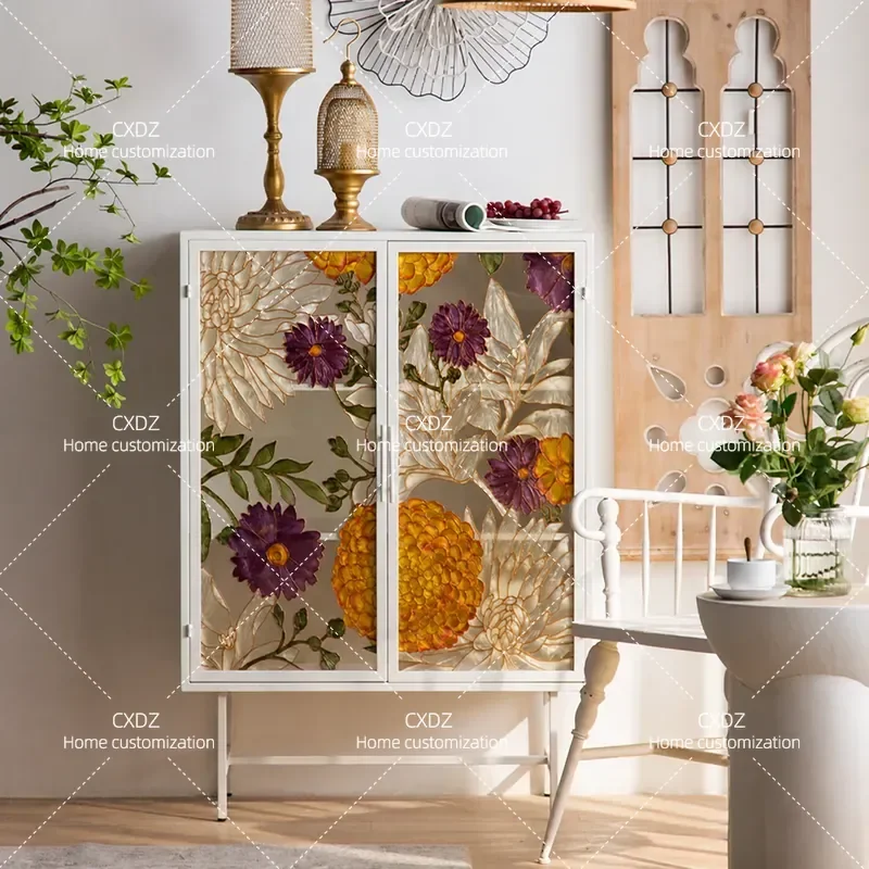 French White Ins Style Locker Dining Side Cabinet Living Room Art Chest Decorative Storage Cabinet with Flower Pattern