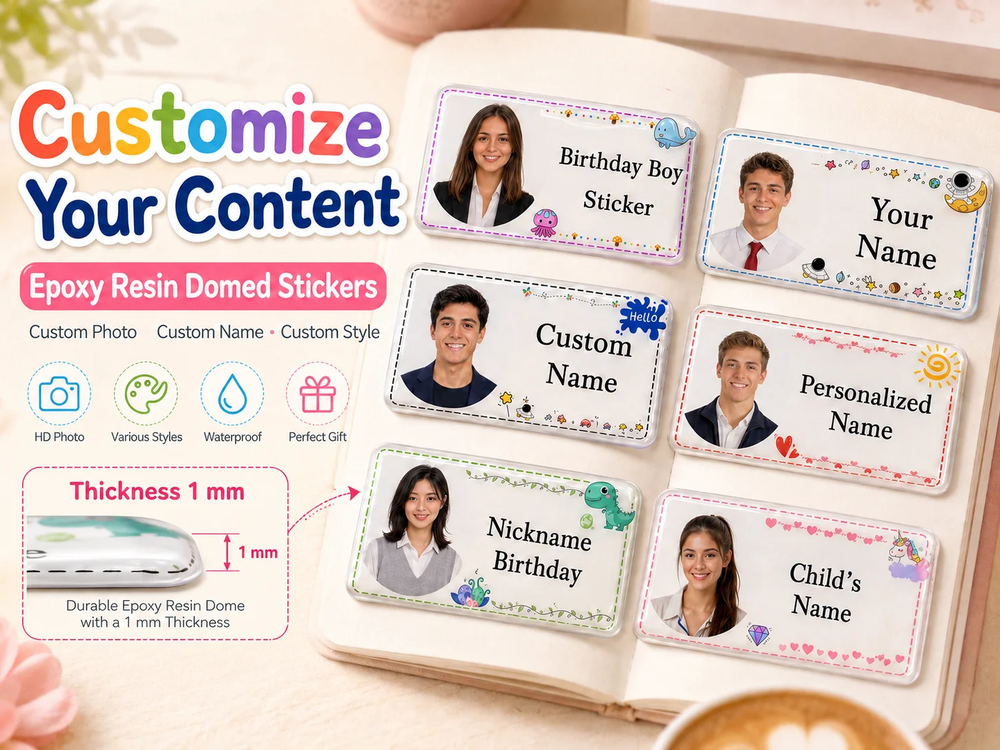 Personalized Photo Name Stickers, Custom Epoxy Resin Labels, Waterproof 3D Name Stickers, Suitable for School Supplies, Water Bottles, Lunch Boxes, Notebooks, and Gifts for Back-To-School Season