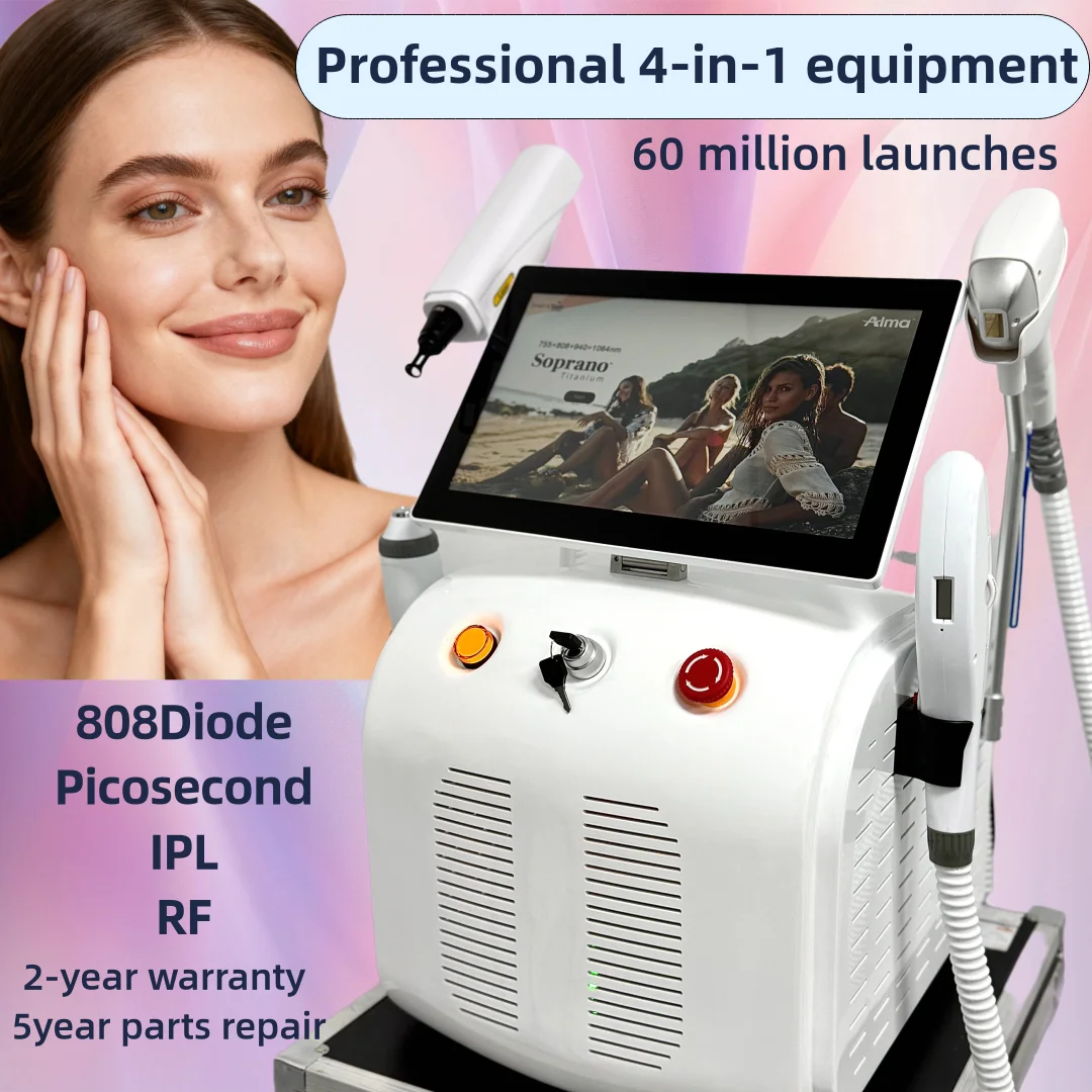 

4-in-1 Portable Professional 808 Diode IPL RF Painless Hair Removal Pico Laser Melanin, Tattoo Removal, Rejuvenation & Firming