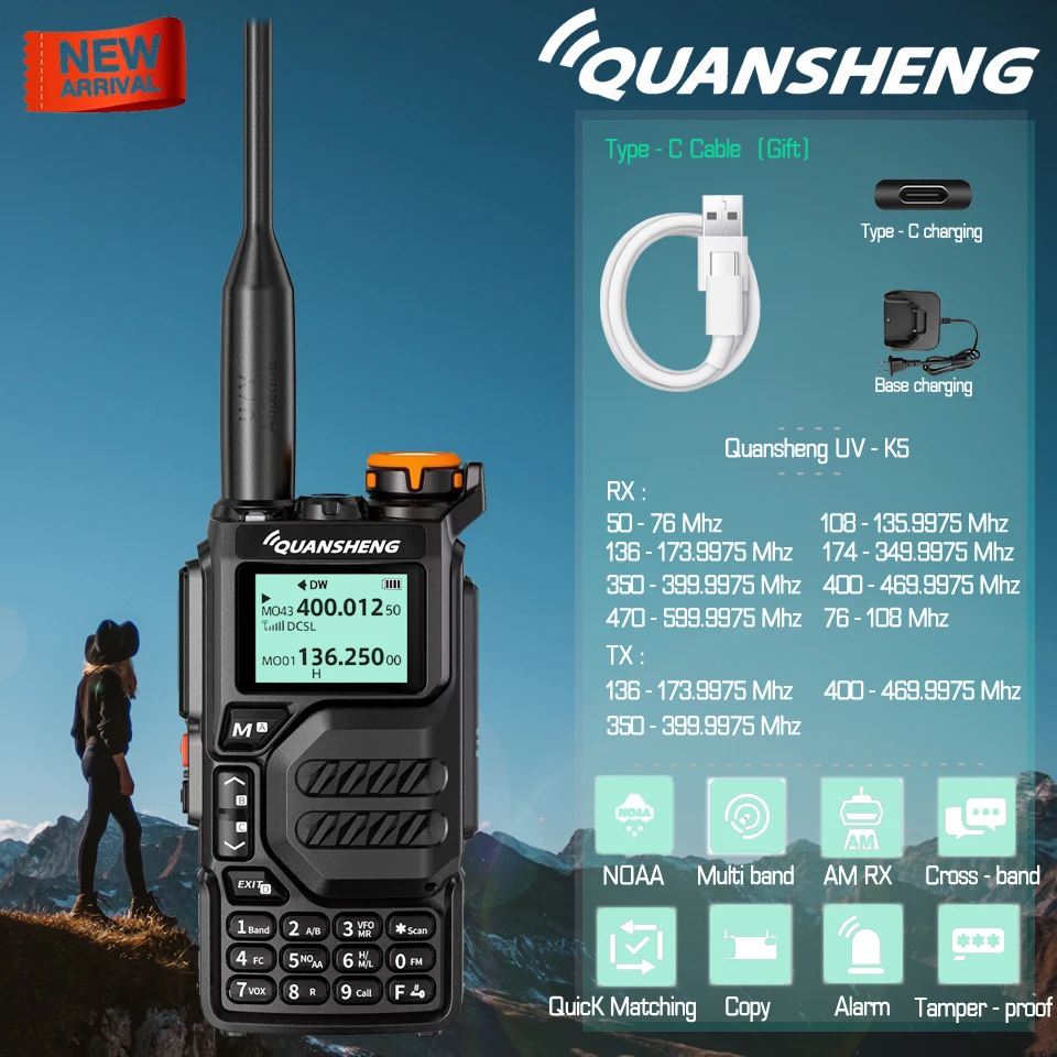 Quansheng Walkie Talkie UV-K5 Long Range Air Dual-Band 2-Way Radio 5W High Power 1600mAh Portable 200 Channel Free TPYE-C Cable