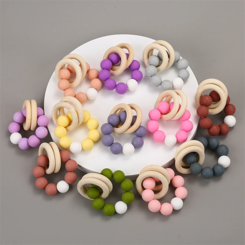 Wooden Toys Baby Bracelets Teether Silicone Beads Teething Wood Ring Rattles Toys Infant Nursing Gift for Newborns BPA Free