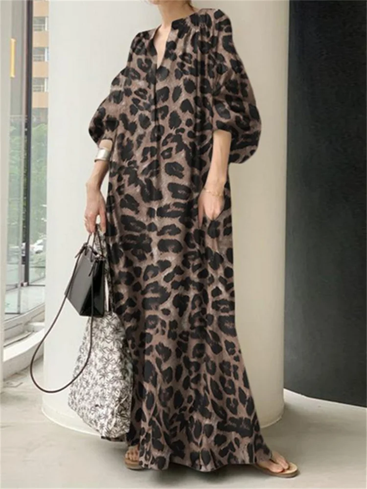 Fashion Printed Maxi Dress Women Leopard Sundress Summer Puff Sleeve Long Vestidos Female V Neck Oversize Robe