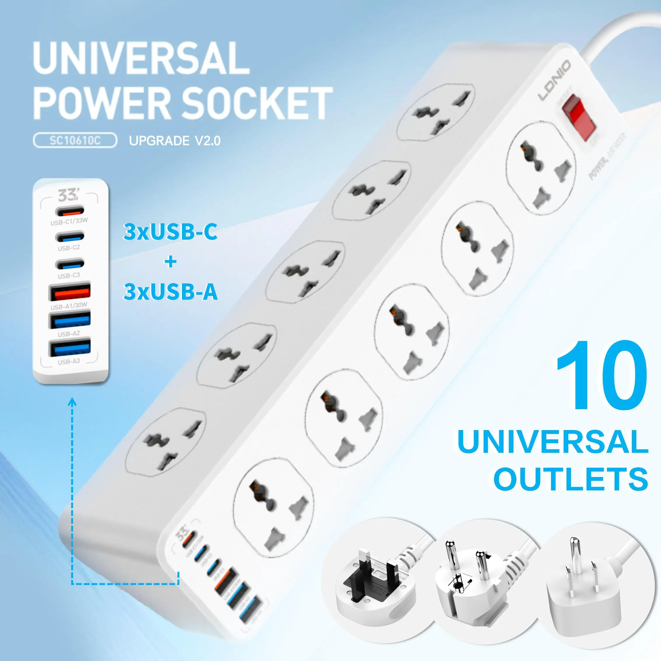 

LDNIO 10 AC Outlets Power Strip Electrical Sockets with 33W USB C Charging Ports 2M Extension Cord Surge Protector UK US EU Plug