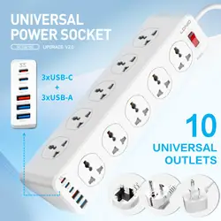 LDNIO 10 AC Outlets Power Strip Electrical Sockets with 33W USB C Charging Ports 2M Extension Cord Surge Protector UK US EU Plug