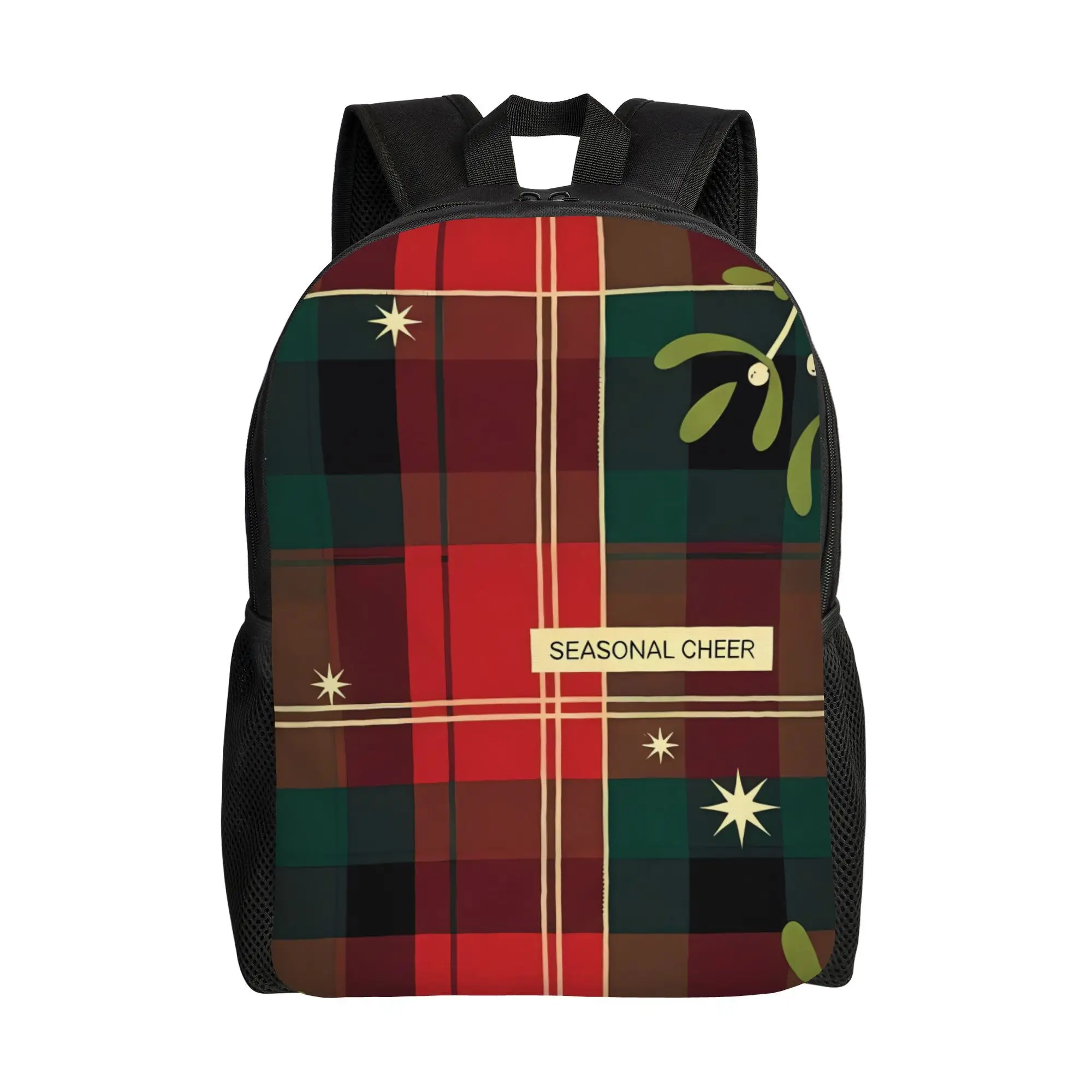 

Neutral Christmas Plaid Backpack - Lightweight Plaid Design, Single Pocket Style, Suitable for Short Trips, Daily Use