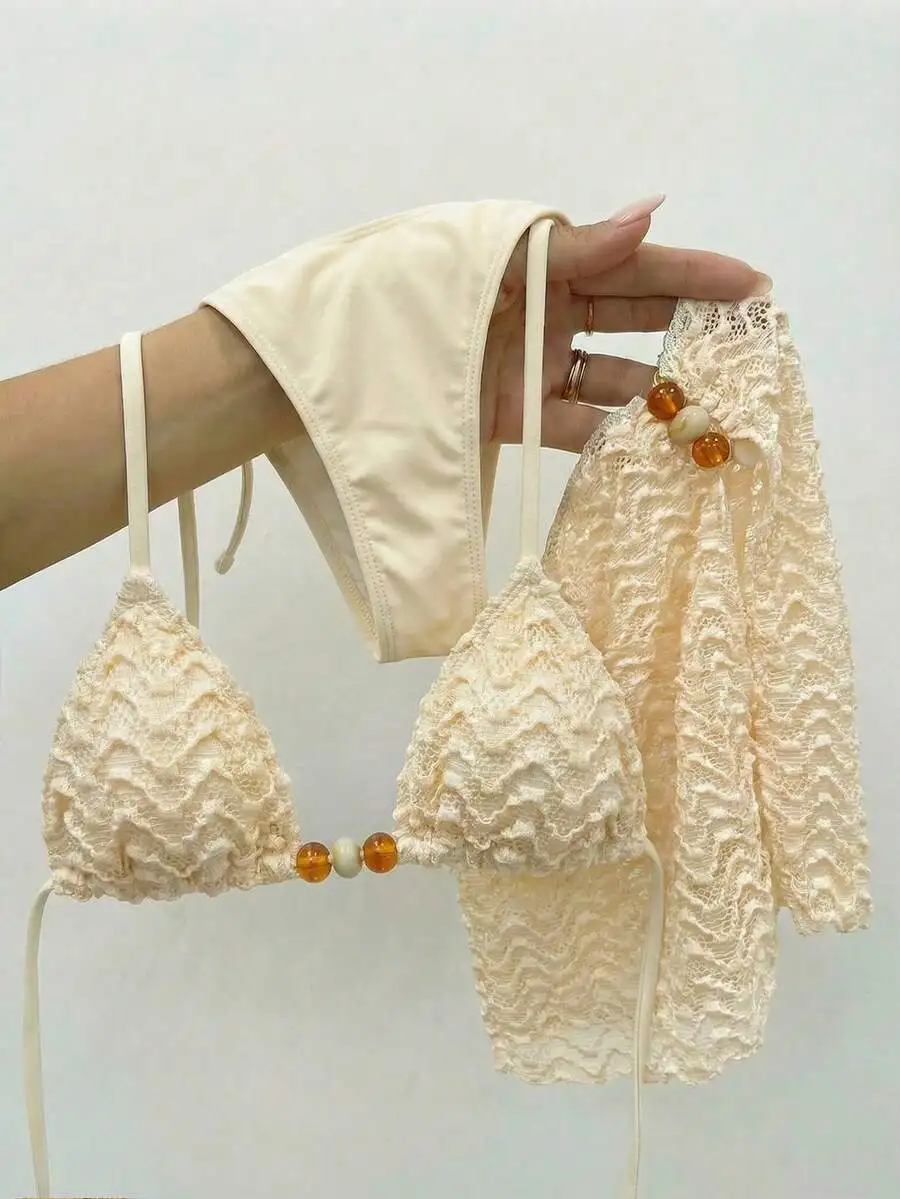 

Cream Crochet Bikini Set With Beaded Sarong Skirt Bohemian Beach Wear