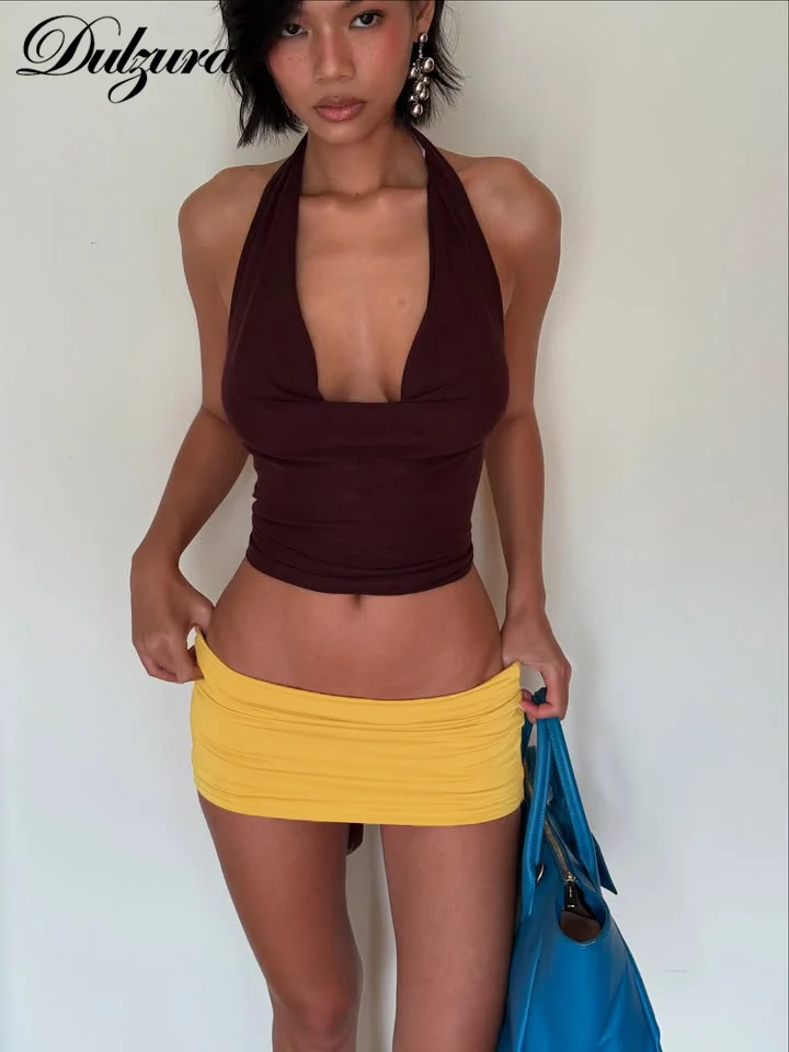 Dulzura, moda de verano, conjunto de falda Sexy elegante de 2 piezas con cuello oscilante, chaleco con cordones y espalda descubierta, Falda corta, conjunto a juego para fiesta y Club