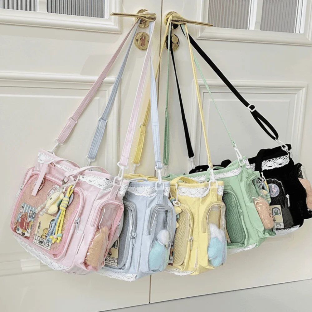 

New Ballet Style Lolita Transparent Crossbody Bag Large Capacity DIY Anime Shoulder Bag Sweet Nylon Lace Itabag Outdoor