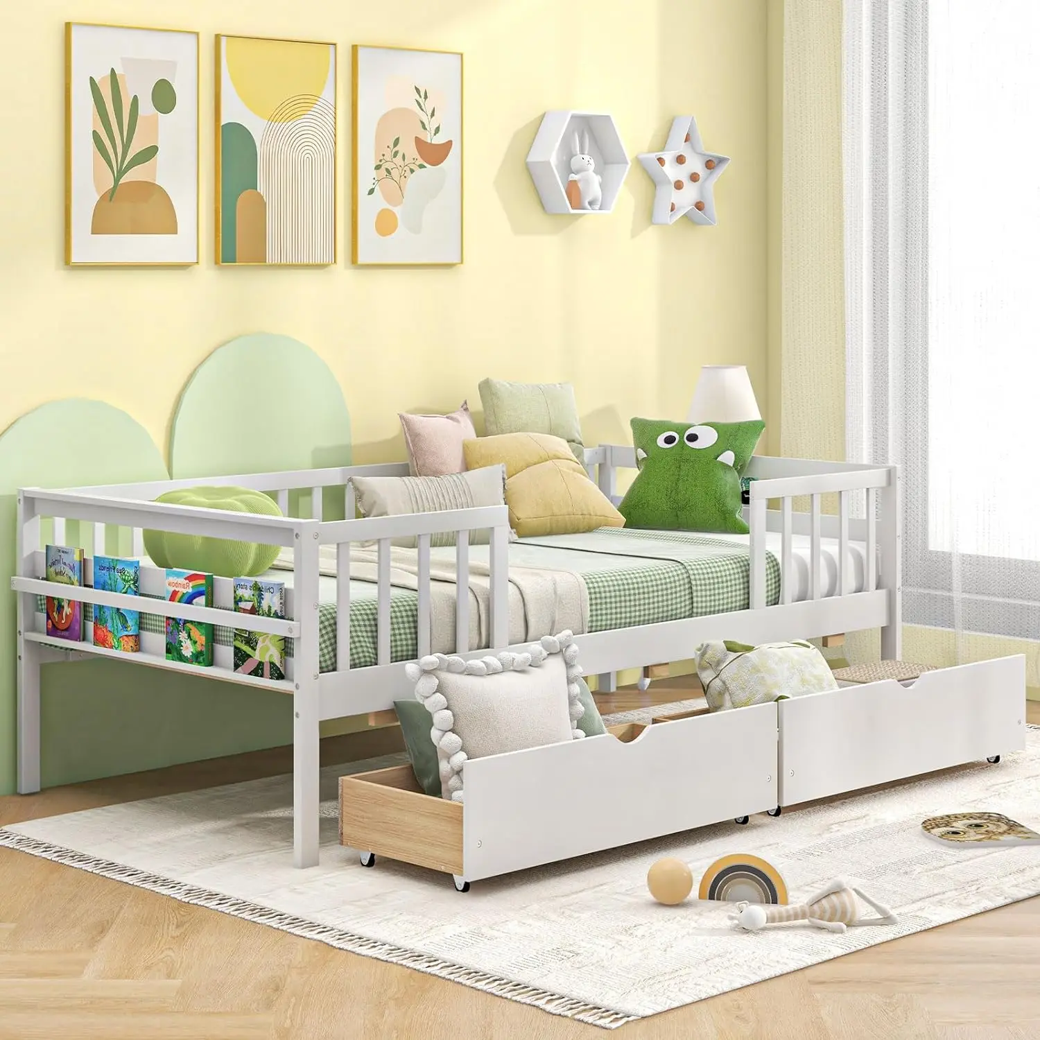 

Giantex Twin Kids Bed With Storage Drawers, Wood Twin Bed With Rails & Side Shelf, Montessori Bed For Boys, Girls, Low Daybed,