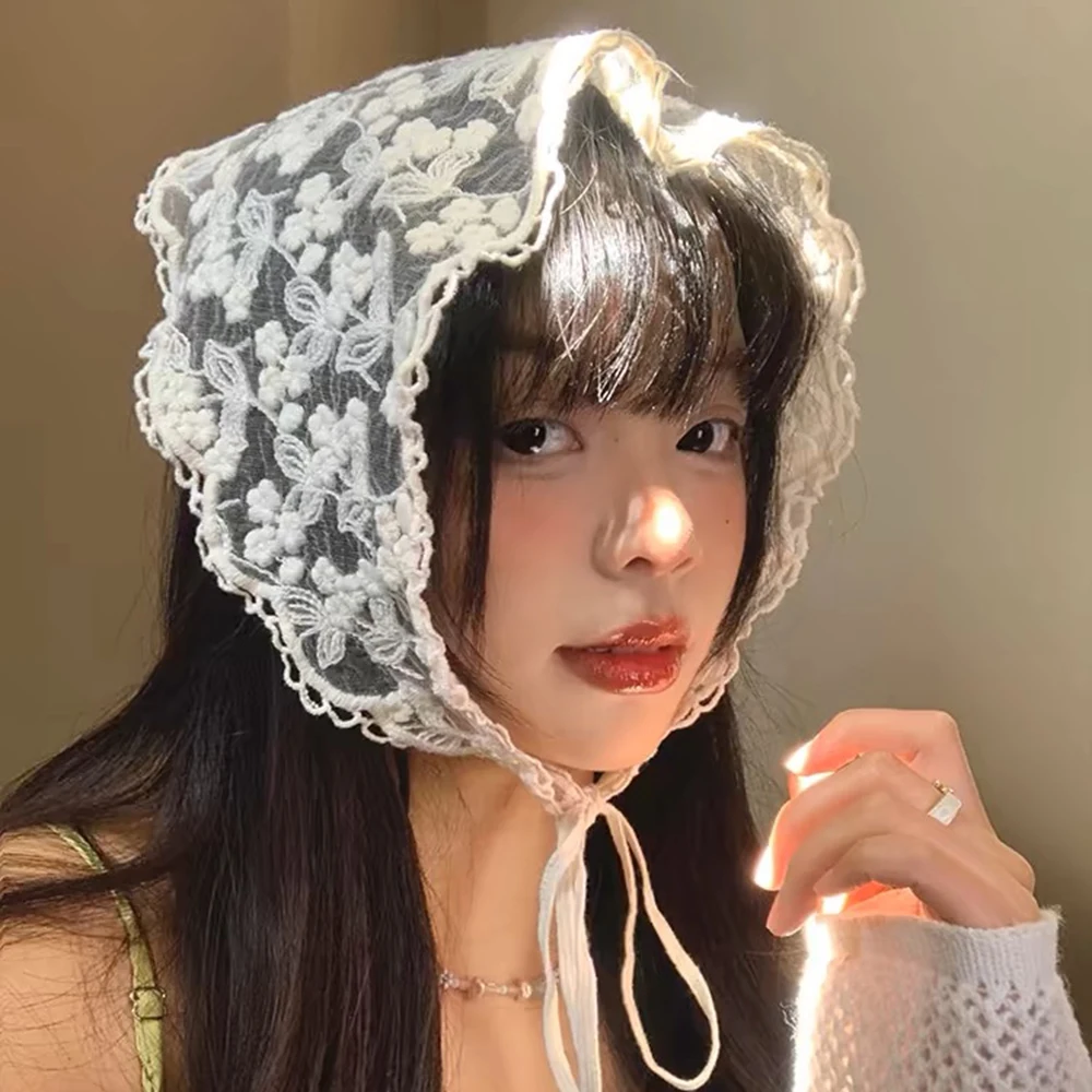 

White Lace Bandana Floral Summer Woven Headbands Hair Band Women Outgoing Travel Retro Hair Accessories Headwear Turban Scarf