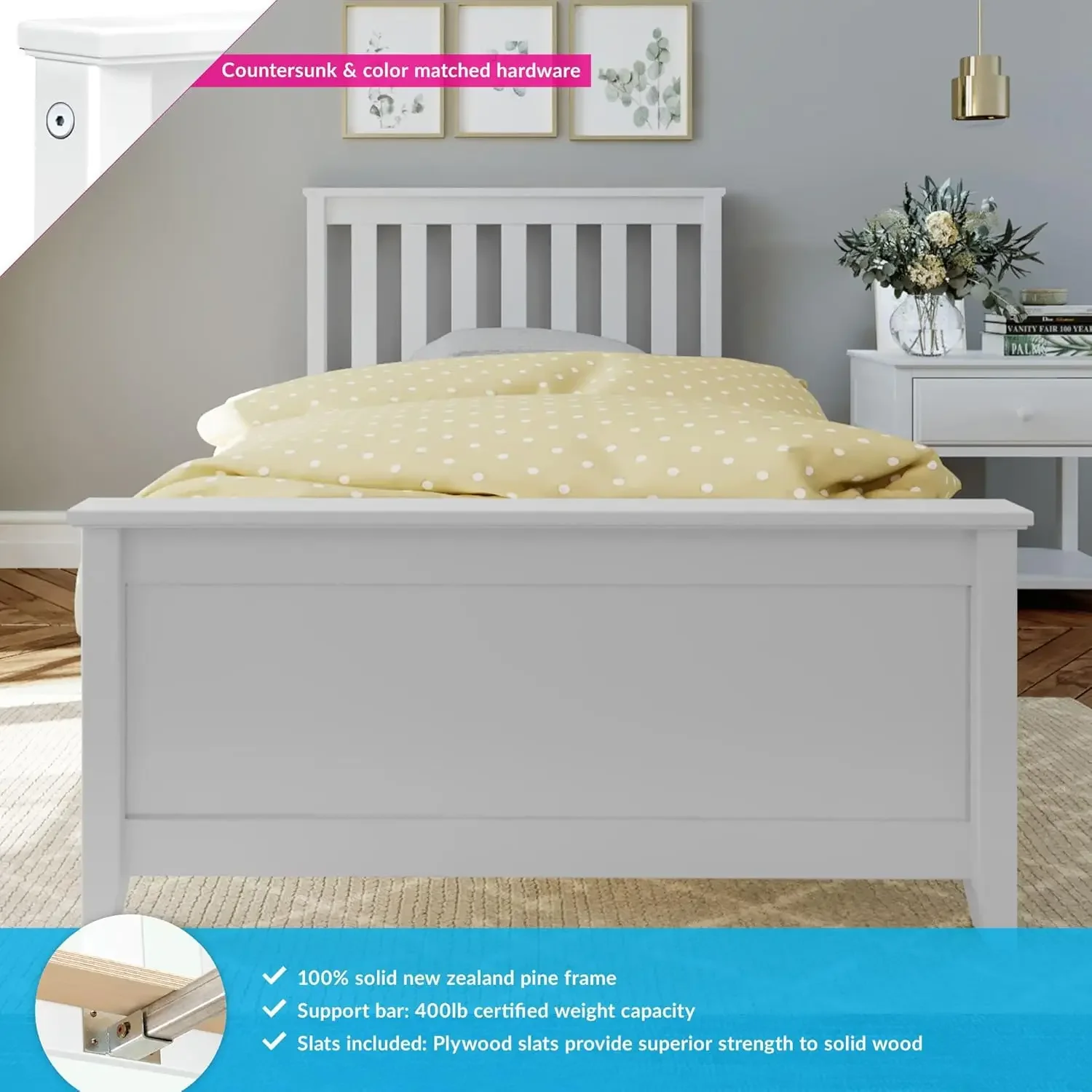 Twin Bed Frame with Slatted Headboard, Solid Wood Platform Bed for Kids, No Box Spring Needed, Easy Assembly, White