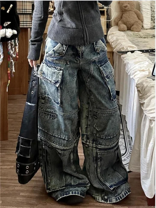 Stylish High Street Multi-Pocket High Waist Jeans Cargo Pants Women American Vintage Wide Leg Jeans Harajuku Hip Hop Y2k Jeans