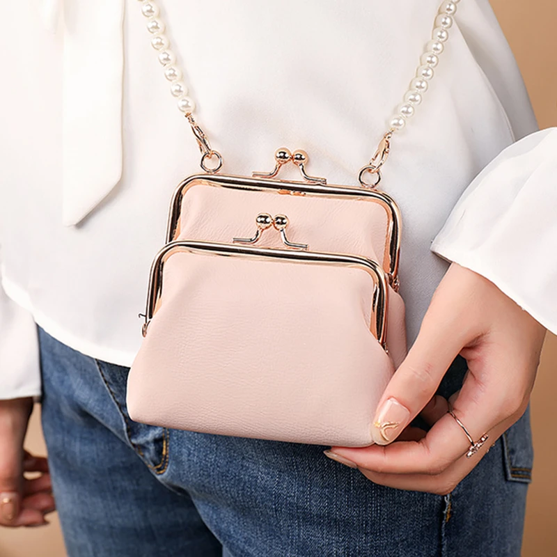 Elegant Women Coin Purses PU Leather Girls Wallet with Pearl Shoulder Strap Large Capacity Card Holder Student Money Bag