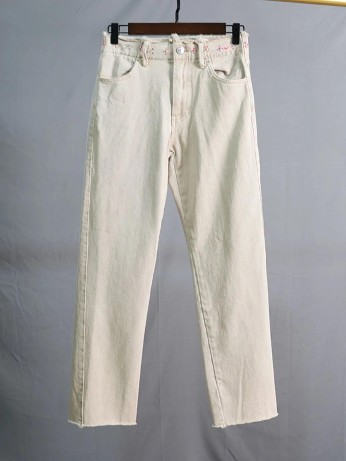 

Spring Fashion Slim Fit Straight Leg Jeans Comfortable Stretchy Waist Decoration Casual Versatile Wear Resistant Pure Color