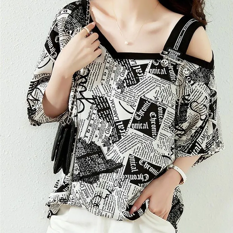 Streetwear Letter Printed Pullovers Female Clothing Elegant V-Neck Summer Off Shoulder Straps Korean Loose Asymmetrical T-shirt