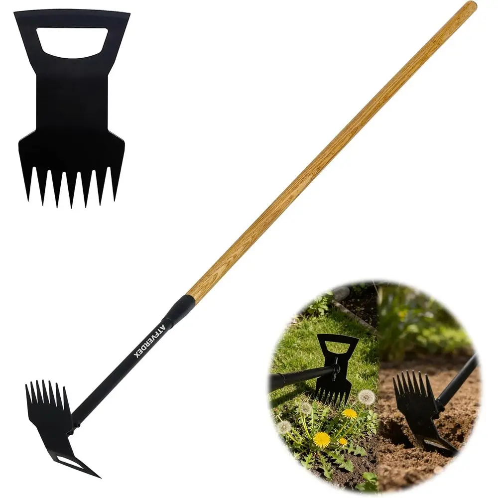 

Dual-Purpose Wooden-Handled Garden Hoe and Weed Remover with 7 Tines for Yard and Driveway Maintenance