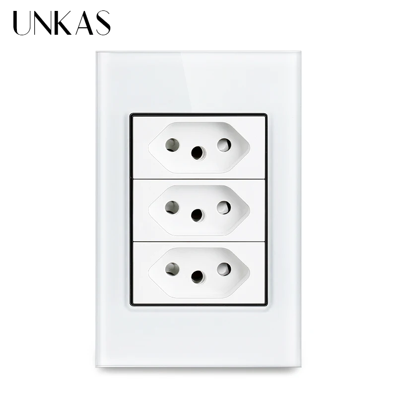 UNKAS Three Brazil Standard Socket 118mm*75mm Crystal Glass Panel White AC 110V~250V 3 Gangs 3 Pins Hole 20A Power Wall Outlet