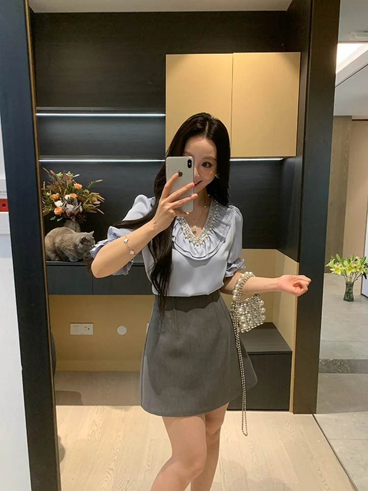 

Spring Summer Women's Suit Set with Pearl Embellished Collar Lace Trimmed Skirt Slimming Effect Fashionable Two-Piece Ensemble