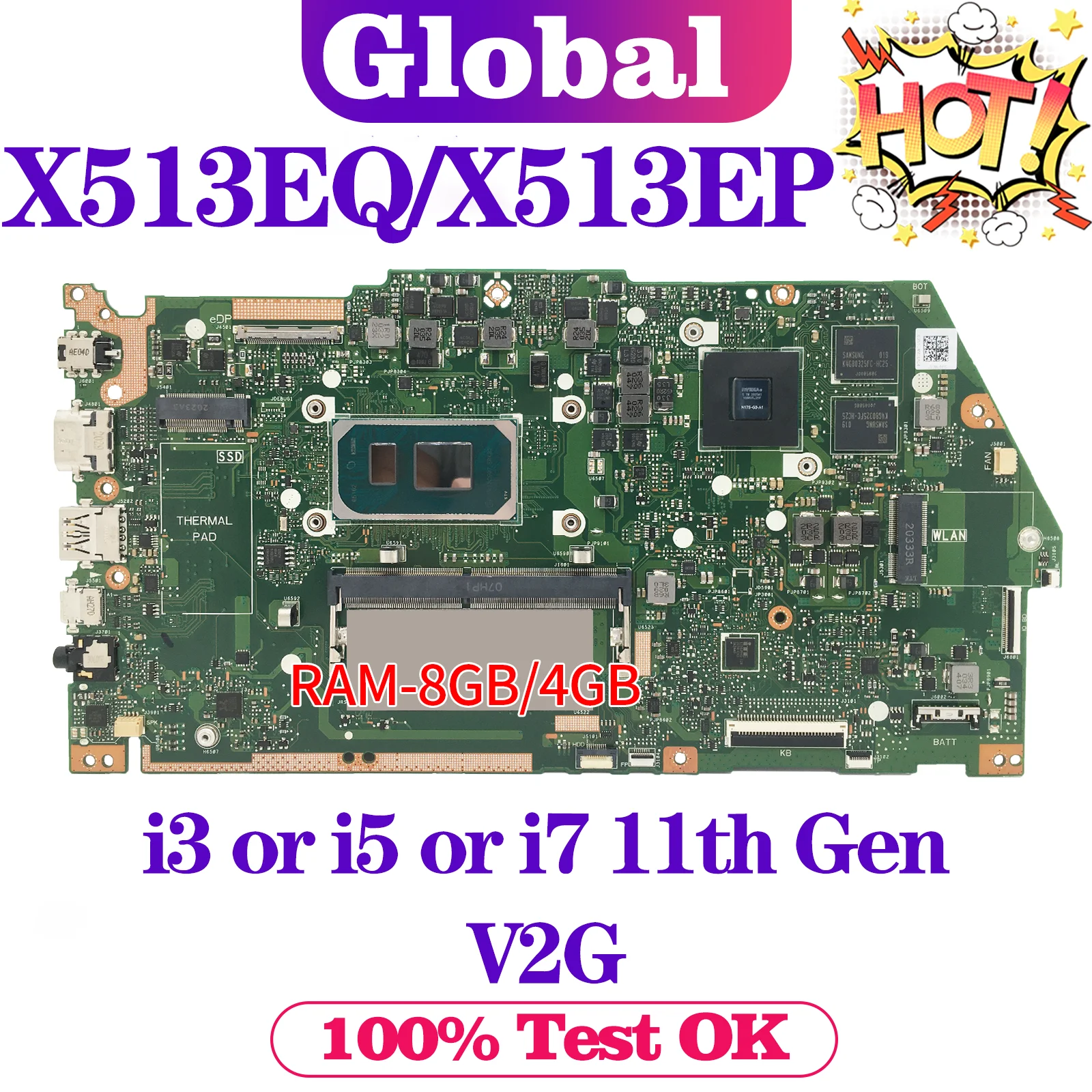 KEFU Mainboard For ASUS X513EA X513EP R513E K513E F513E A513E X513EQ V5050E Laptop Motherboard I3 I5 I7 11th Gen 4GB/8GB-RAM