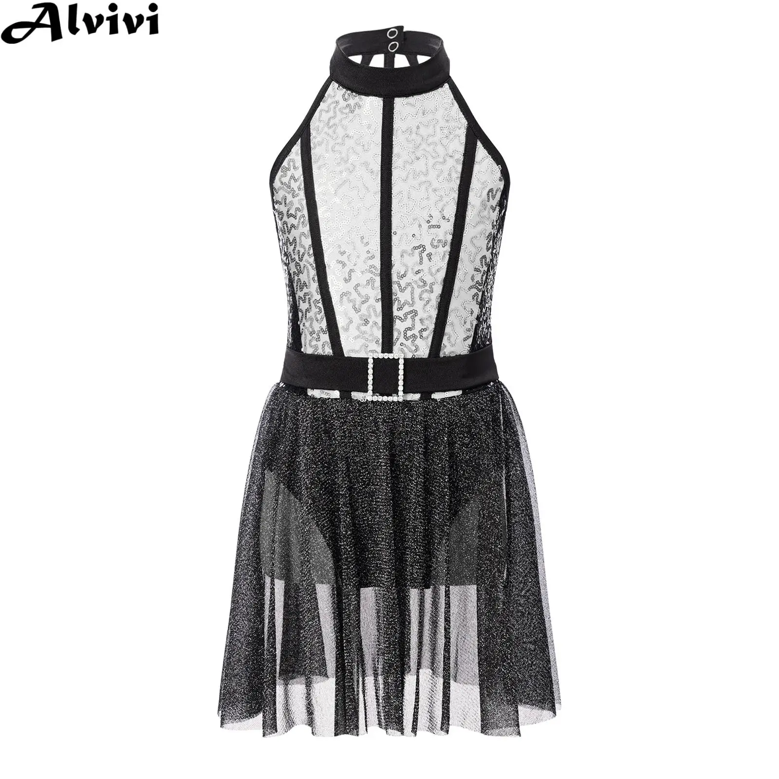 

Girls Latin Jazz Dance Dress Sleeveless Shiny Sequin Mesh Leotard Tutu Ballet Skating Gymnastics Stage Performance Dancewear