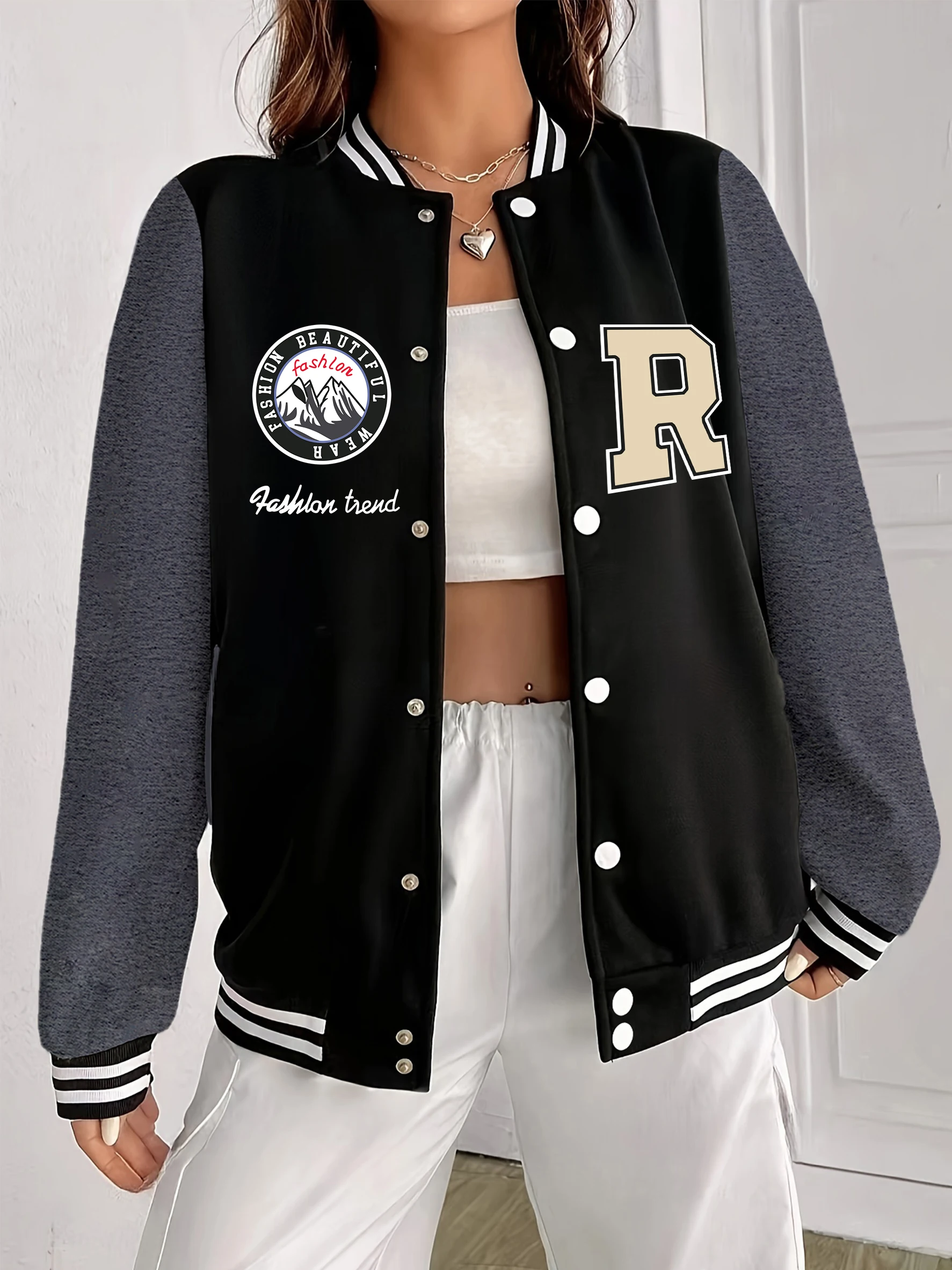 

Женская бейсбольная форма с природным пейзажем и буквой R, модная спортивная одежда в стиле хип-хоп, уличная женская куртка с карманами, свободная одежда