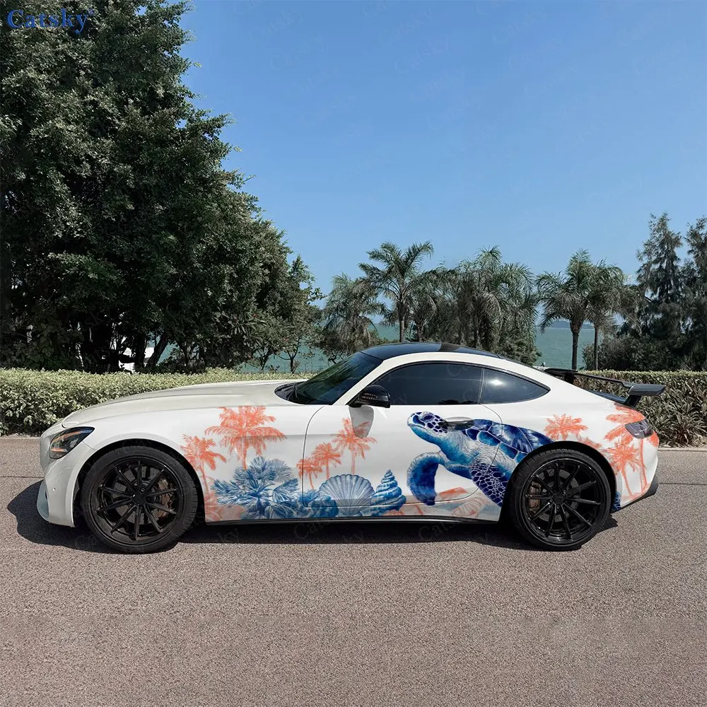 2pcs Blue-Orange Tropical Sea Turtle Car Side Wrap, Self-Adhesive PVC Waterproof & Scratch-Resistant Sticker, Car Accessory Gift