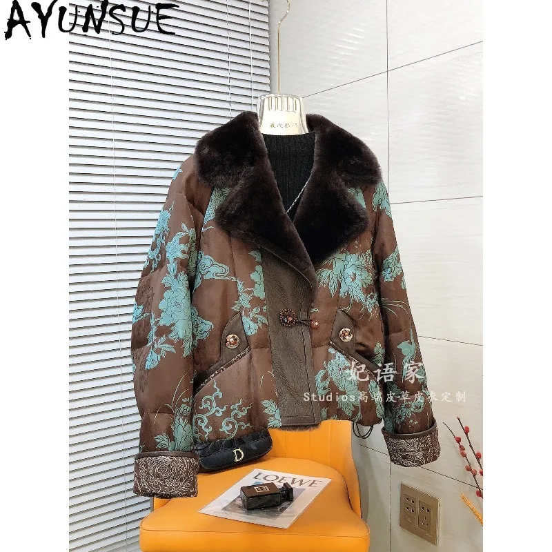 AYUNSUE Women's Down Coats Short Chinese Style Jacquard Jackets for Woman Fur and Leather Integrated Collar Coat Woman Clothes view 2