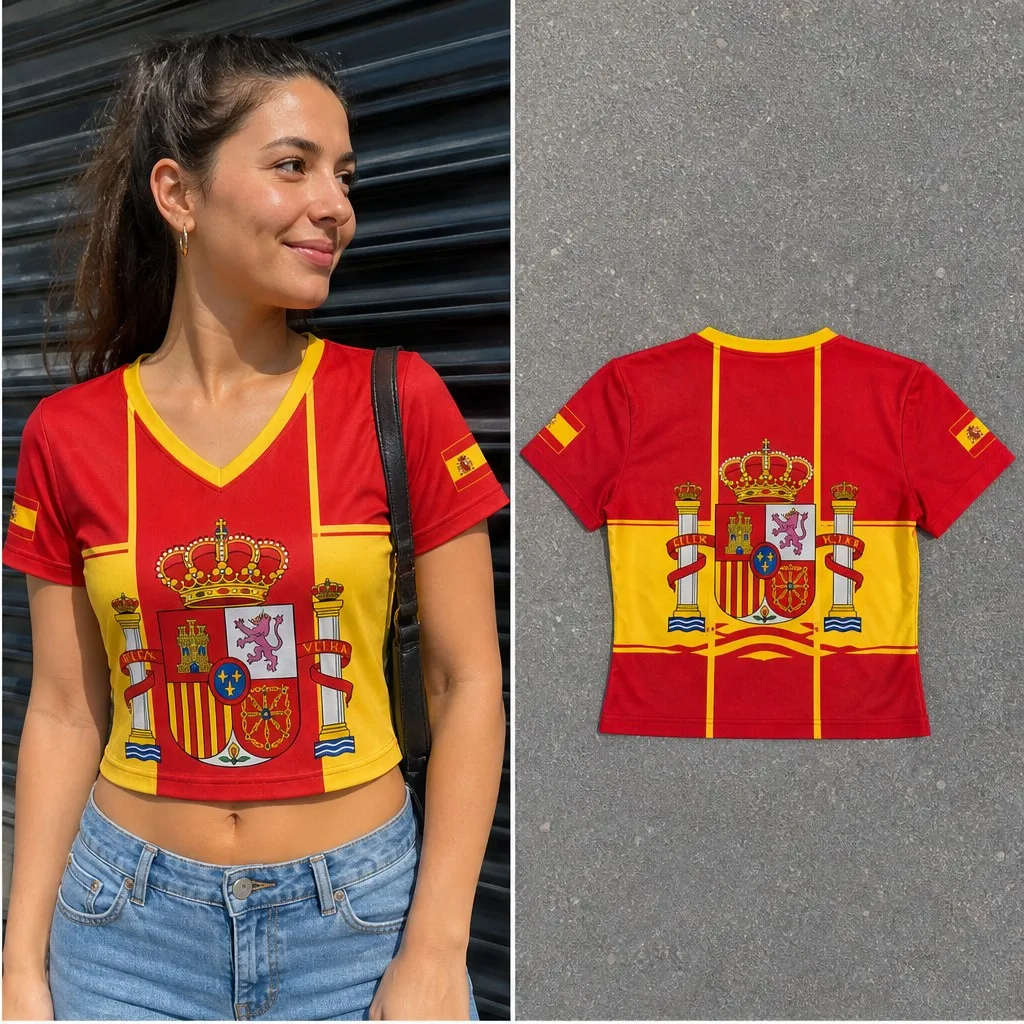 Womens V Neck Cropped Tee Spain Royal Crest Graphic Short Sleeve Summer Casual Top With Structured Back Design Daily Summer Wear