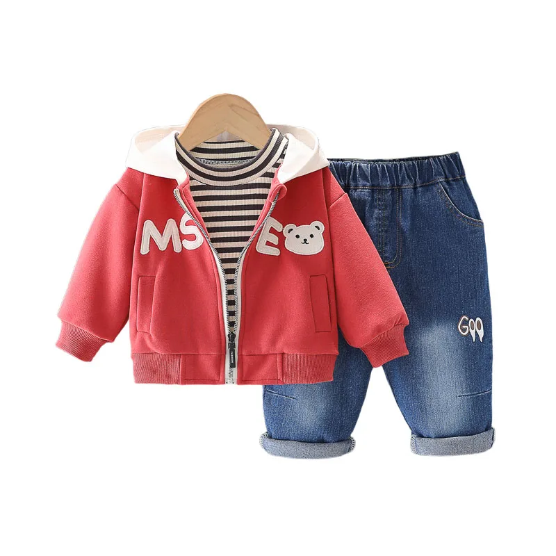 

Children's Autumn Clothes 2024 Cute Cartoon Casual Long Sleeve Zipper Hooded Hoodies + Striped T-shirts + Pants Kids Boys Outfit