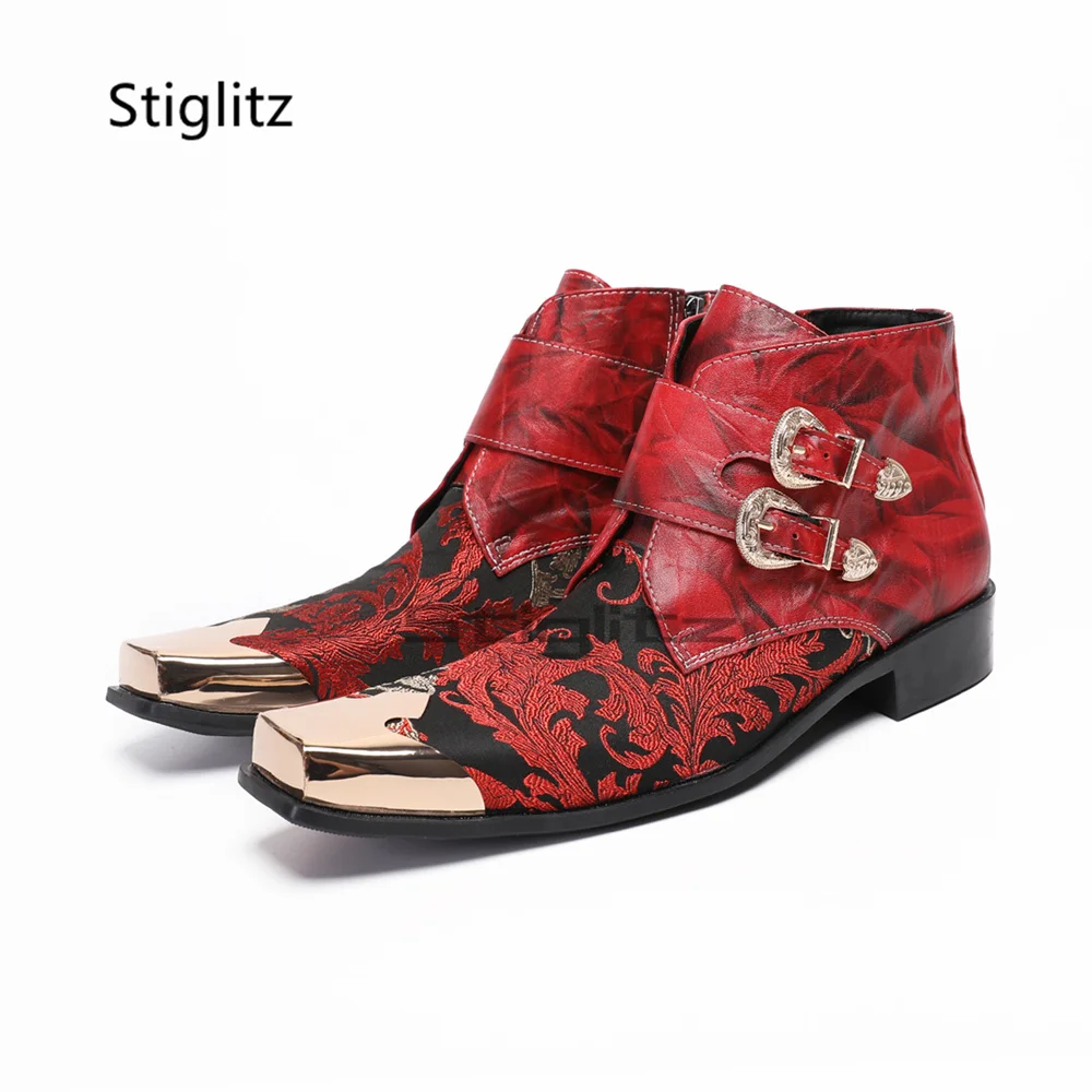 Gold Square Toe Embroidered Ankle Boots for Men Red Genuine Leather Patchwork Belt Buckle Chelsea Short Boots Male Wedding Shoes