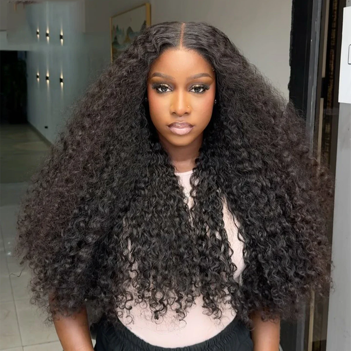 Perruque Lace Front Wig sans colle bouclée crépue noire naturelle pour femme, cheveux de bébé préplumés, long, densité 180, degré de chaleur, 26 po, 03/3