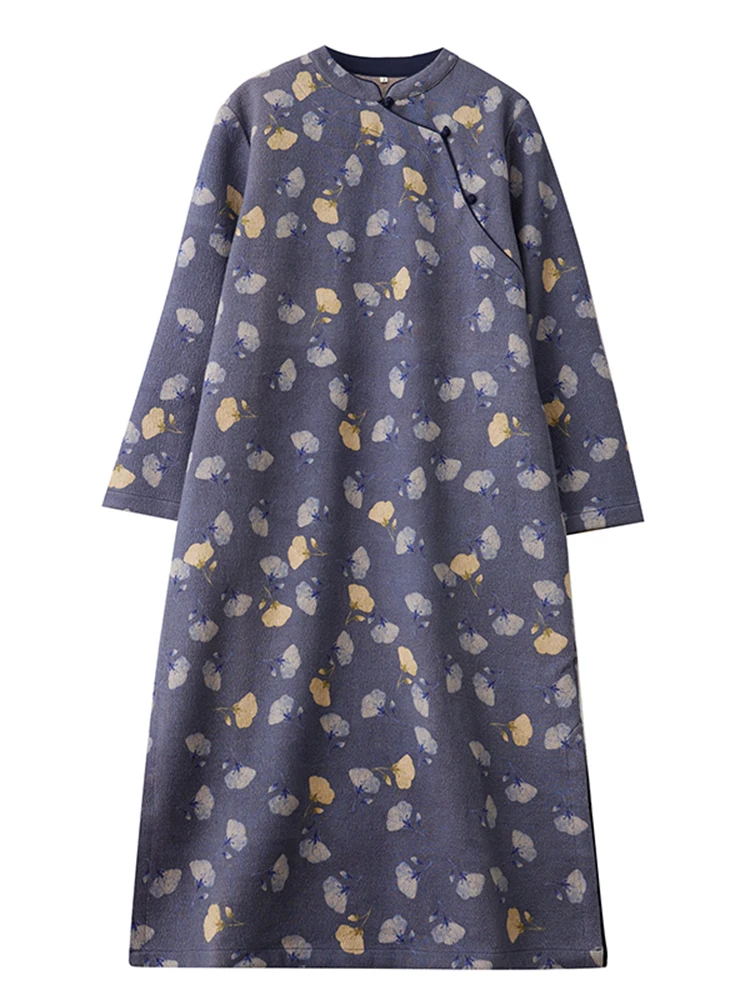 Retro Le Print Thiened Garza di cotone Lungo Sve Colletto alla coreana Dr plus Size Abbigliamento donna Grasso MM Button Plaet Maxi...